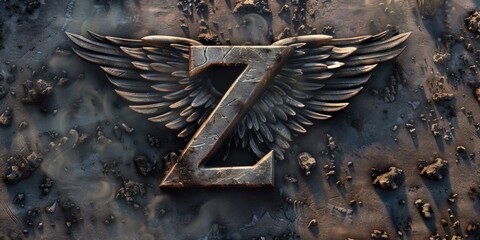A detailed view of a metal letter with wings, suitable for use in fantasy or mythological contexts