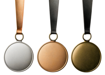 Closeup of three medals, silver, bronze and gold or golden medal isolated on white background. Competition champion or winner award, success badge, prize or reward, 1st, 2nd, 3rd