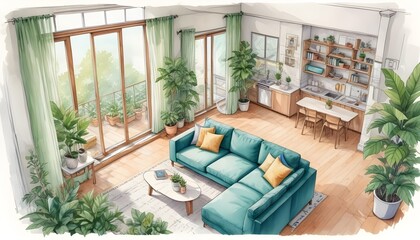 Adorable cartoon style, Detailed linear watercolor of interior design