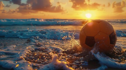 A soccer ball floating on the water's surface during a beautiful sunset