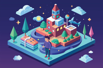 Obraz premium Isometric illustration of a dreamer standing in a custom-designed cityscape, featuring a building, trees, and clouds, Dreamer Customizable Isometric Illustration