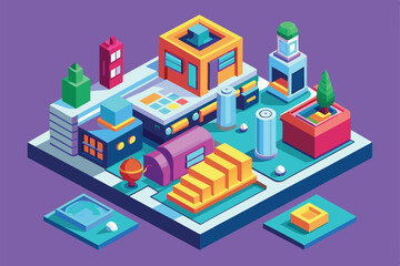 Obraz premium A colorful, isometric illustration of a city block with buildings, trees, and geometric shapes, Duplicate Customizable Isometric Illustration