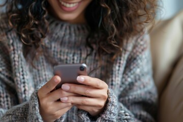 Fototapeta premium A happy young woman, sitting at home on the couch using her smartphone, smiling and looking at the screen while shopping online or working on social media apps. Social concepts, lifestyle