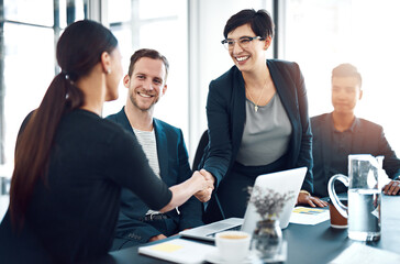 Fototapeta premium Women, handshake and introduction for meeting at office with smile for welcome, deal and respect. Business people, shaking hands and b2b with diversity, collaboration and onboarding for job at agency