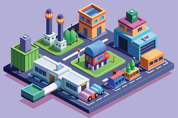 3D illustration of a factory with buildings and transportation elements, ideal for custom branding and design, Factory Customizable Isometric Illustration