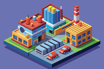 An isometric illustration of a factory complex with multiple buildings, cars, and surrounding green spaces, Factory Customizable Isometric Illustration