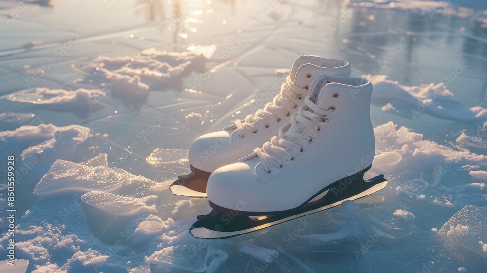 Canvas Prints A pair of white ice skates sit atop a snowy surface, perfect for winter scenes or sport-related contexts