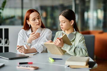 A redheaded woman tutors a teenage girl at a table, engaged in after-school lessons.