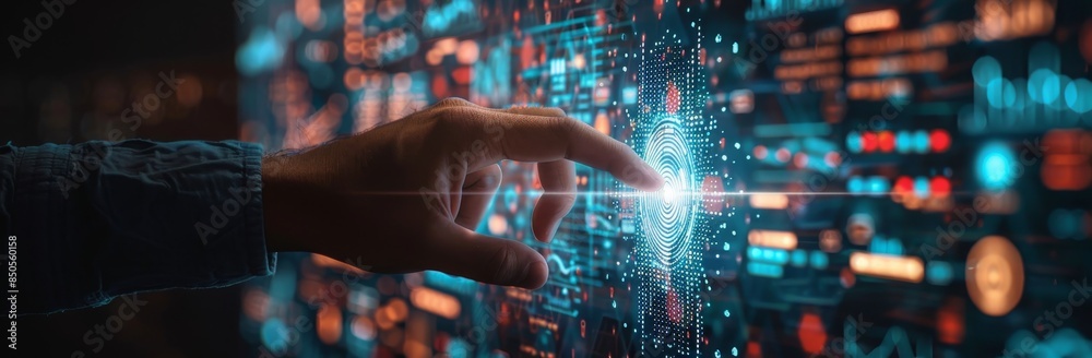 Poster businessman touching virtual screen with data and graphs on transparent background