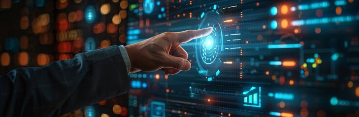 Businessman touching virtual screen with data and graphs on transparent background