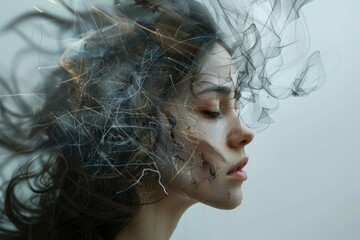 A woman's hair is blown by the wind, conveying a sense of freedom and carefree spirit