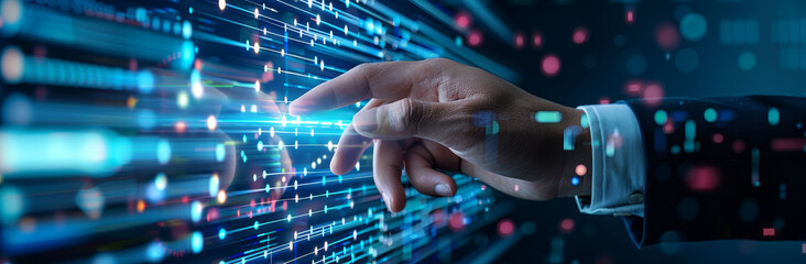 Businessman touching a virtual screen with business data and graphs on a transparent background, in a closeup shot. Business concept for online trading or financial technology.