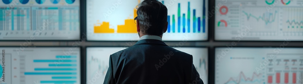 Poster analyst reviewing complex data graphs - a business analyst stands focused on extensive data visualiz