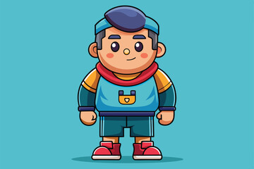Fototapeta premium Cartoon illustration of a boy wearing a blue shirt, red scarf, and blue pants, Fitting piece Customizable Cartoon Illustration