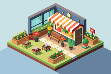 Isometric illustration of a florist shop with colorful flowers, a striped awning, and a bench outside, Florist Customizable Isometric Illustration