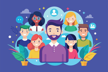 A flat illustration of diverse people surrounding a man, Followers Customizable Flat Illustration