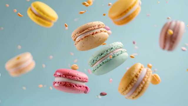 A colorful pastel background with flying macarons.