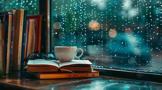 Rain falling on the glass window sill flowing raindrops comfortable rain sound ASMR and a cozy cafe with books glasses and coffee on the desk and a resting place in the library : Generative AI