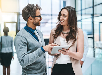 Business people, tablet and project management with collaboration, communication and planning with...