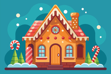 Obraz premium A cartoon gingerbread house with candy canes and snow, perfect for a winter wonderland scene, Gingerbread house Customizable Disproportionate Illustration