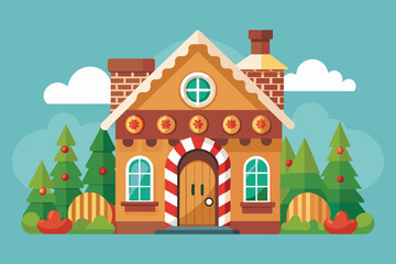 Obraz premium A gingerbread house with a candy cane archway sits in front of Christmas trees, with a blue sky and clouds in the background, Gingerbread house Customizable Semi Flat Illustration