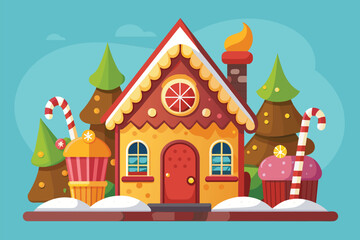A gingerbread house with candy canes and snow-covered ground in a whimsical winter setting, Gingerbread house Customizable Disproportionate Illustration