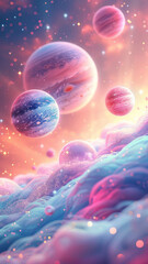 Naklejka premium Fantasy planets in vibrant space - A dreamlike cosmic scene features colorful planets and sparkling orbs against a wavy alien landscape, invoking wonder and exploration