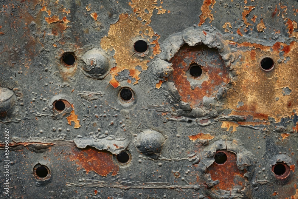 Poster industrial metal surface with rusty texture and various sized holes, suitable for use in backgrounds