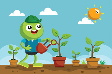 Obraz premium A cartoon character with a watering can waters a plant in a garden, Growing Customizable Cartoon Illustration