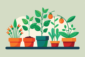 Obraz premium An illustration of six potted plants, each with unique colors and textures, sitting on a dark shelf, Growing Customizable Disproportionate Illustration