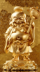 Fototapeta premium Golden Chinese deity statue with flowers - A golden statue of a Chinese deity adorned with flowers and intricate designs, set against a golden backdrop
