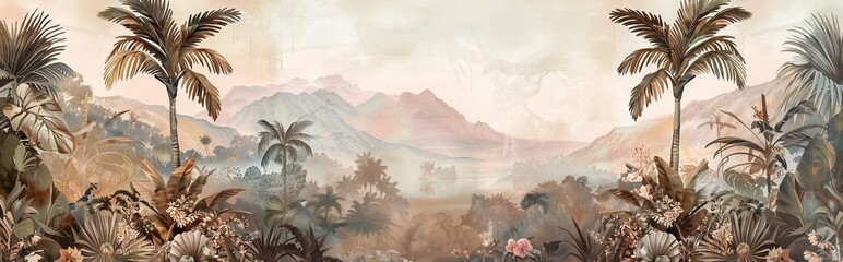 Tropical forest landscape wallpaper design - Mural wallpaper - 3D illustration. AI generated illustration