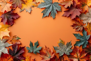 Fototapeta premium Top view of autumn leaves on orange surface with space for text placement in seasonal backdrop