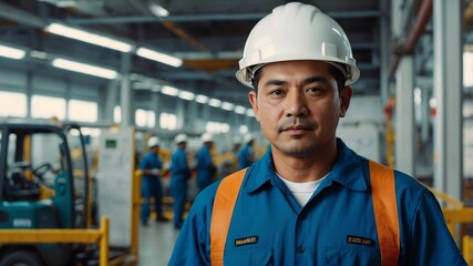 immigrant maintenance worker in blue uniform on the job background