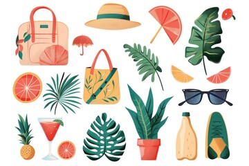 A collection of colorful tropical items and accessories, including flowers, shells, and more