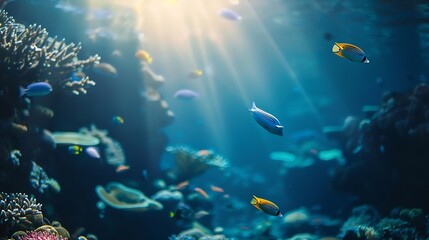 Naklejka premium underwater coral reef landscape super wide banner background in the deep blue ocean with colorful fish and marine life : Generative AI