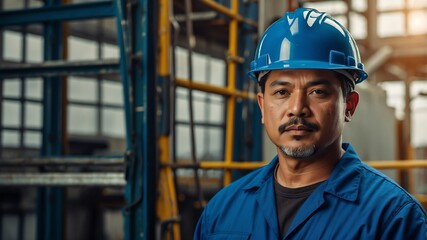 immigrant maintenance worker in blue uniform on the job background