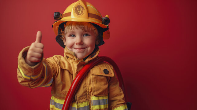 Smiling child firefighter holding a toy fire hose and giving a thumb-up gesture on a red background. Great for editorial and role-playing concepts.