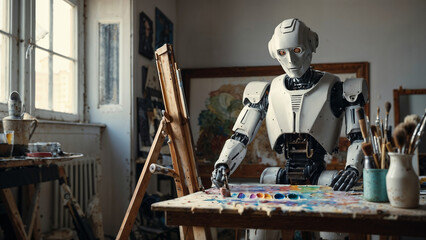 Futurist Artificial Intelligence Robot painting a pictures in a messy artists studio