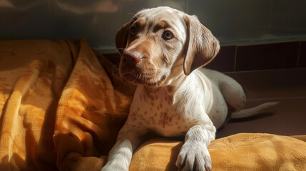 A brown and white dog is laying on a bed
