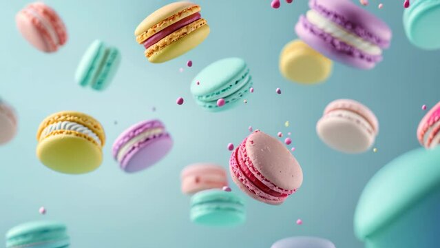A colorful pastel background with flying macarons.
