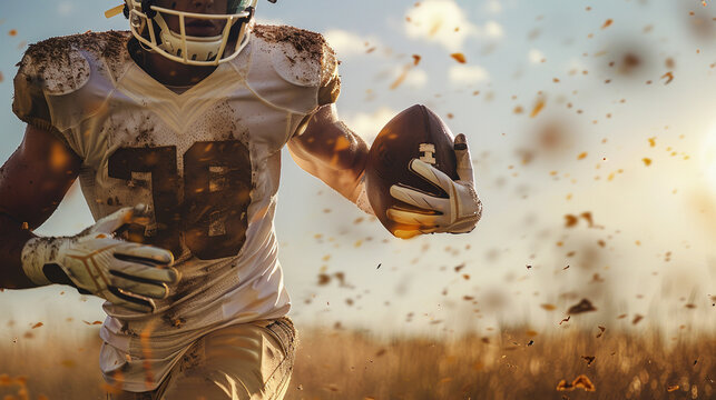 A football player is running with a football in his hands - Powered by Adobe