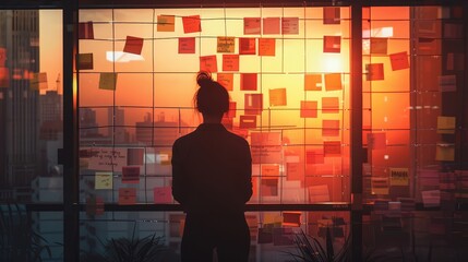 Silhouette of a person pondering with post-it notes - A person's silhouette against a window adorned with colorful post-it notes illuminated by the warm glow of sunset, embodying contemplation 