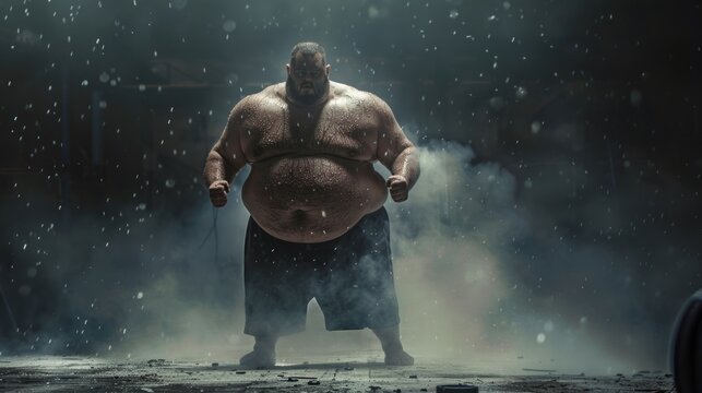 A person with a significant abdominal protrusion stands under the rain, providing an idea for images of unexpected situations or everyday life