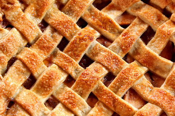 Close-up of golden apple pie. Thanksgiving traditional dessert.