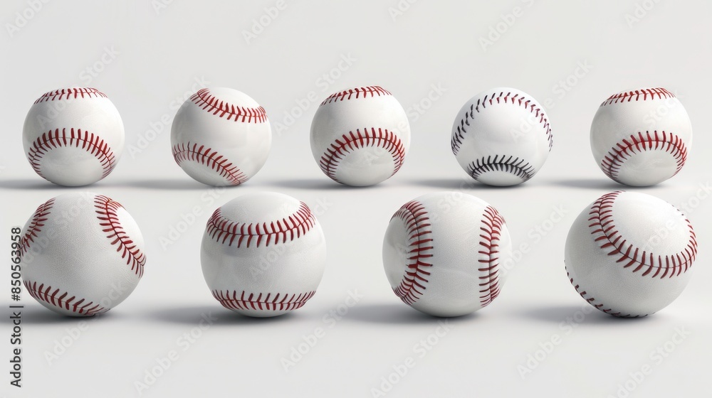 Poster a collection of baseballs arranged on a clean white background