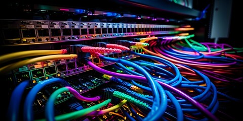 Detailed image of server rack with vibrant cables closeup shot. Concept Server Rack, Network Cables, Closeup Shot, Vibrant Colors, Technology