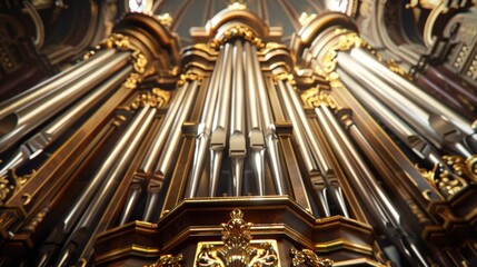 A large pipe organ in a historic church setting