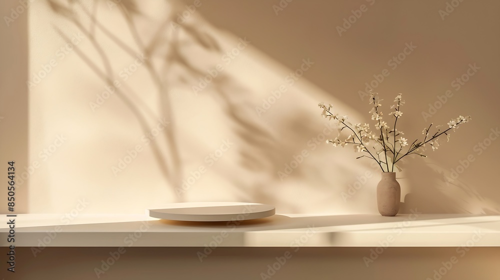 Poster empty shelf on a beige textured plaster wall background with aesthetic floral sun light shadows prod