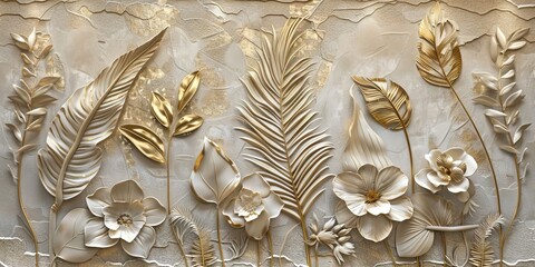 Gold floral plants and palm leaves Wallpaper Mural, 3d illustration, grey background, abstract tropical leaves, banana leaves with 3d lines. AI generated illustration
